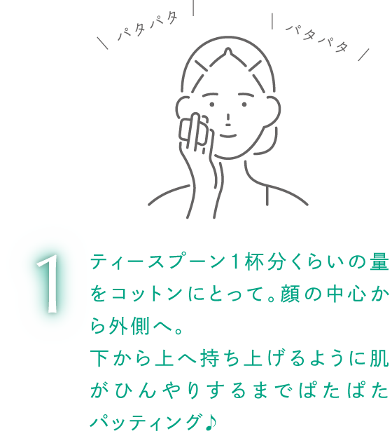 ティースプーン1杯分くらいの量をコットンにとって。顔の中心から外側へ。下から上へ持ち上げるように肌がひんやりするまでぱたぱたパッティング♪
