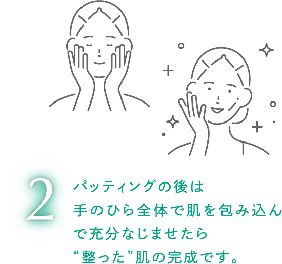 パッティングの後は手のひら全体で肌を包み込んで充分なじませたら“整った”夏肌の完成です。