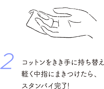 2 コットンをきき手に持ち替え軽く中指にまきつけたら、スタンバイ完了!